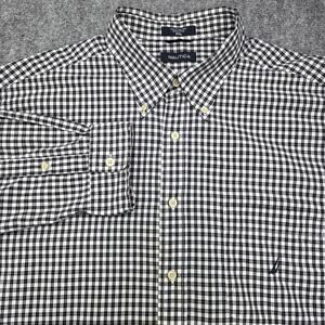 Nautica Shirt Mens 2XL Black White Check Plaid Button Down Long Sleeve Cotton